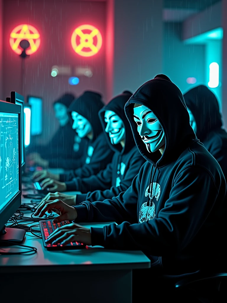 An army of cyberpunk hackers wearing guy Fawkes masks and scary skulls printed in hoodies surrounded by computers