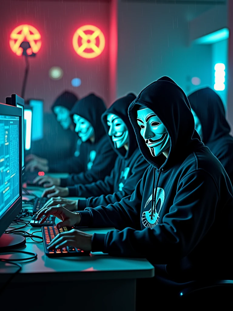 An army of cyberpunk  hackers wearing guy Fawkes masks and scary skulls printed in hoodies surrounded by computers