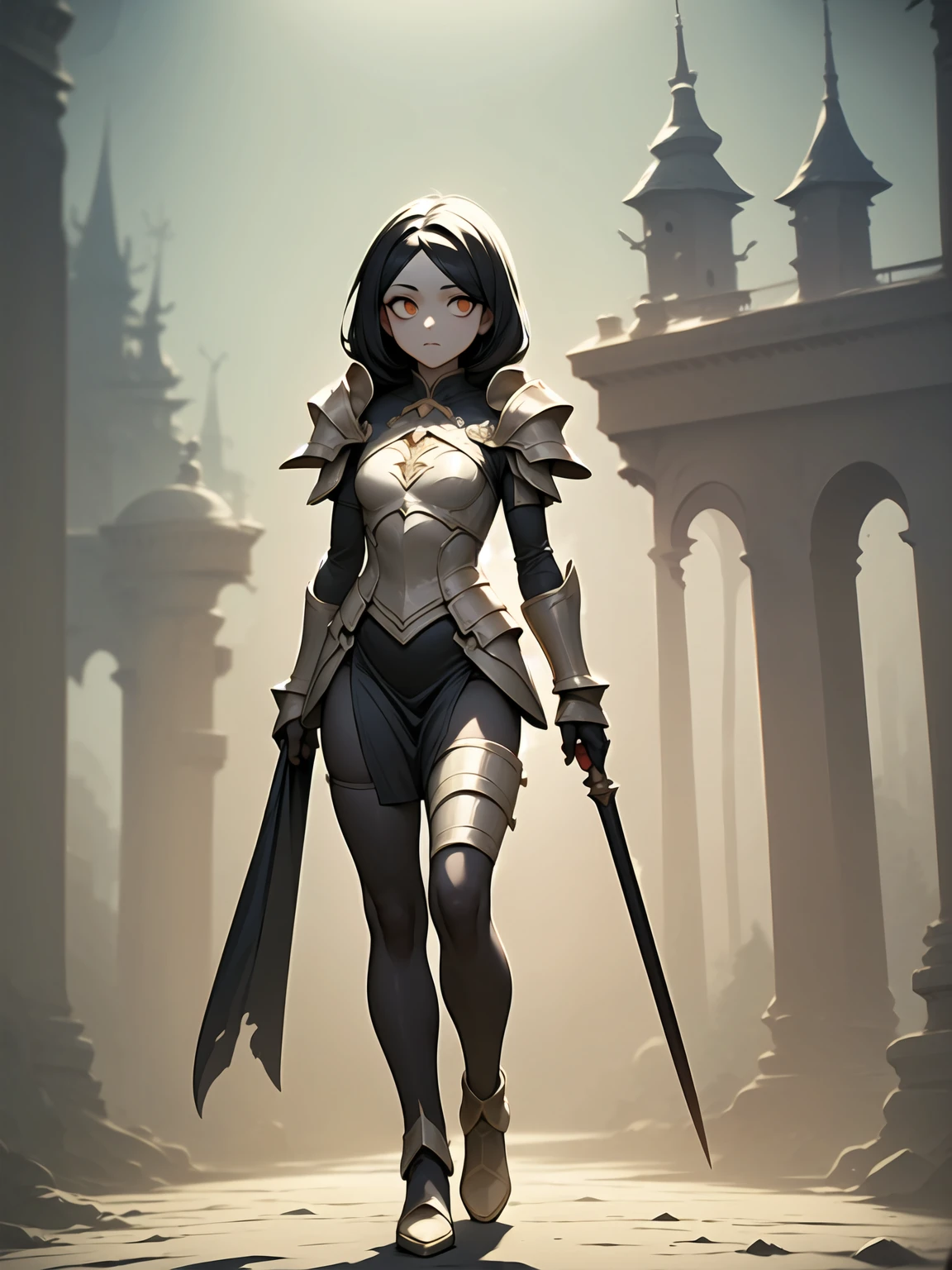 (((masterpiece, best quality, 16k)))A dark and cursed female game character, wearing ornate black and gold armor, wielding a cursed blade, with dark vambraces and cursed boots, in a gloomy, atmospheric lighting, full body shot, (best quality,4k,8k,highres,masterpiece:1.2),ultra-detailed,(realistic,photorealistic,photo-realistic:1.37),HDR,UHD,studio lighting,ultra-fine painting,sharp focus,physically-based rendering,extreme detail description,professional,vivid colors,bokeh,dark fantasy,concept art