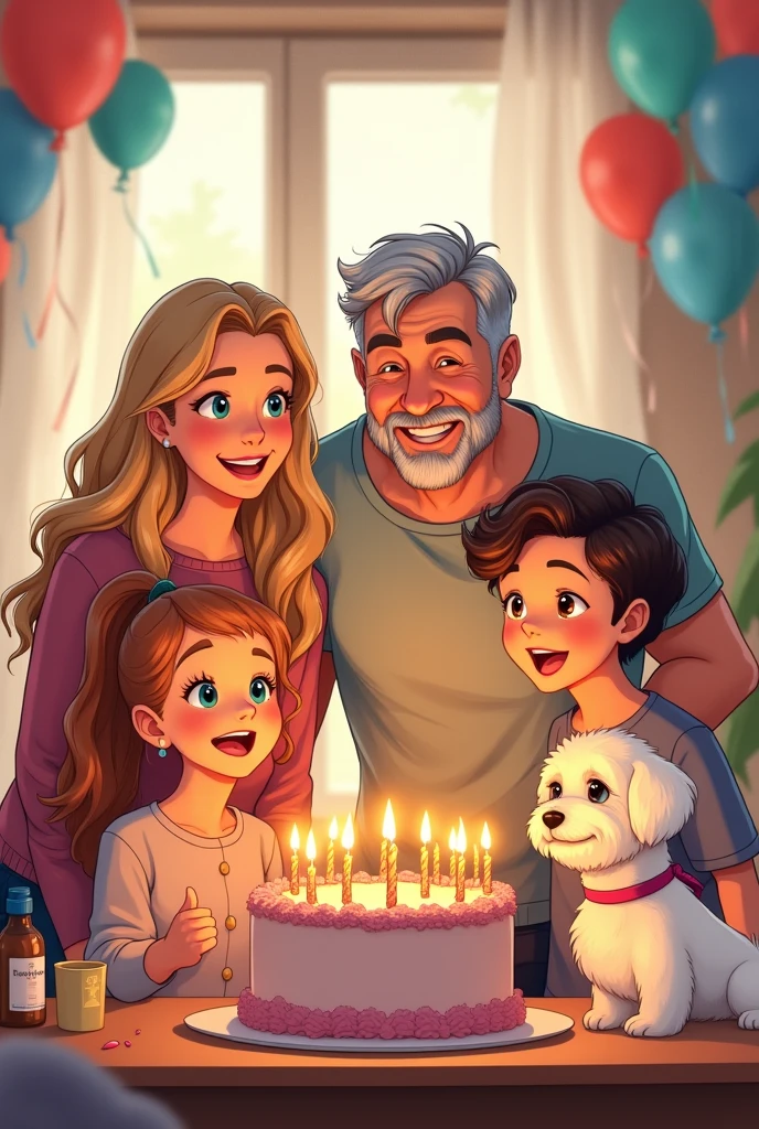 A family of 5 in anime style, a 40 year old mother, blonde, a 50 year old dad, a 15-year-old daughter with wavy brown hair and a 17-year-old son with wavy brown hair with a white Bichon Maltese dog, Dad blowing out the candles on the cake