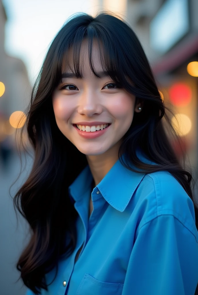 arafed woman with long black hair and blue shirt posing for a picture, wan adorable korean face, she has black hair with bangs, she has a cute expressive face, she has a cute face, lalisa manobal, ulzzang, she is facing the camera, portrait of jossi of blackpink, portrait of female korean idol, jinyoung shin
