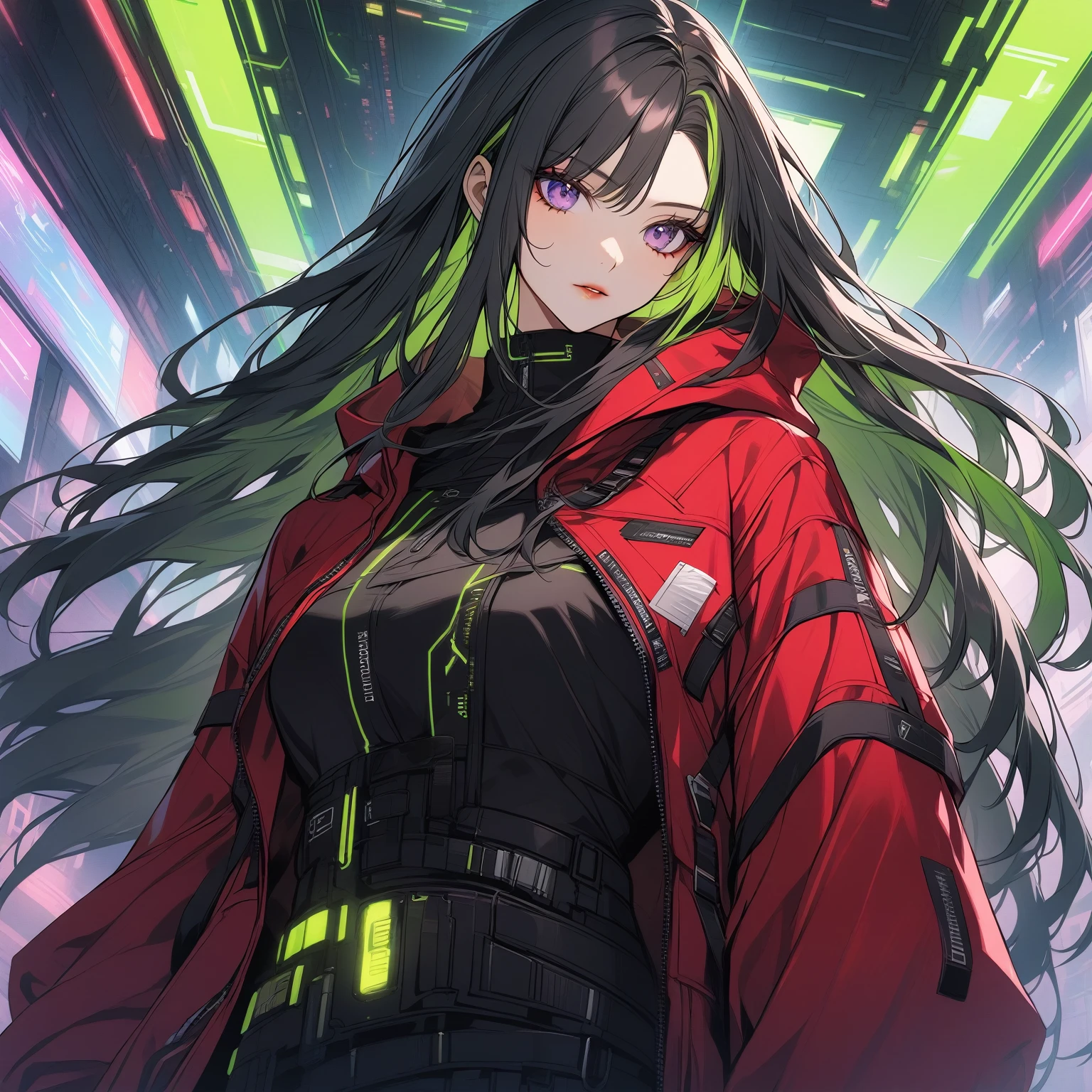 Handsome, solo, 1 female, long hair, black hair, green highlights on hair tips, purple eyes, black shirt, red robe, futuristic, cyberpunk