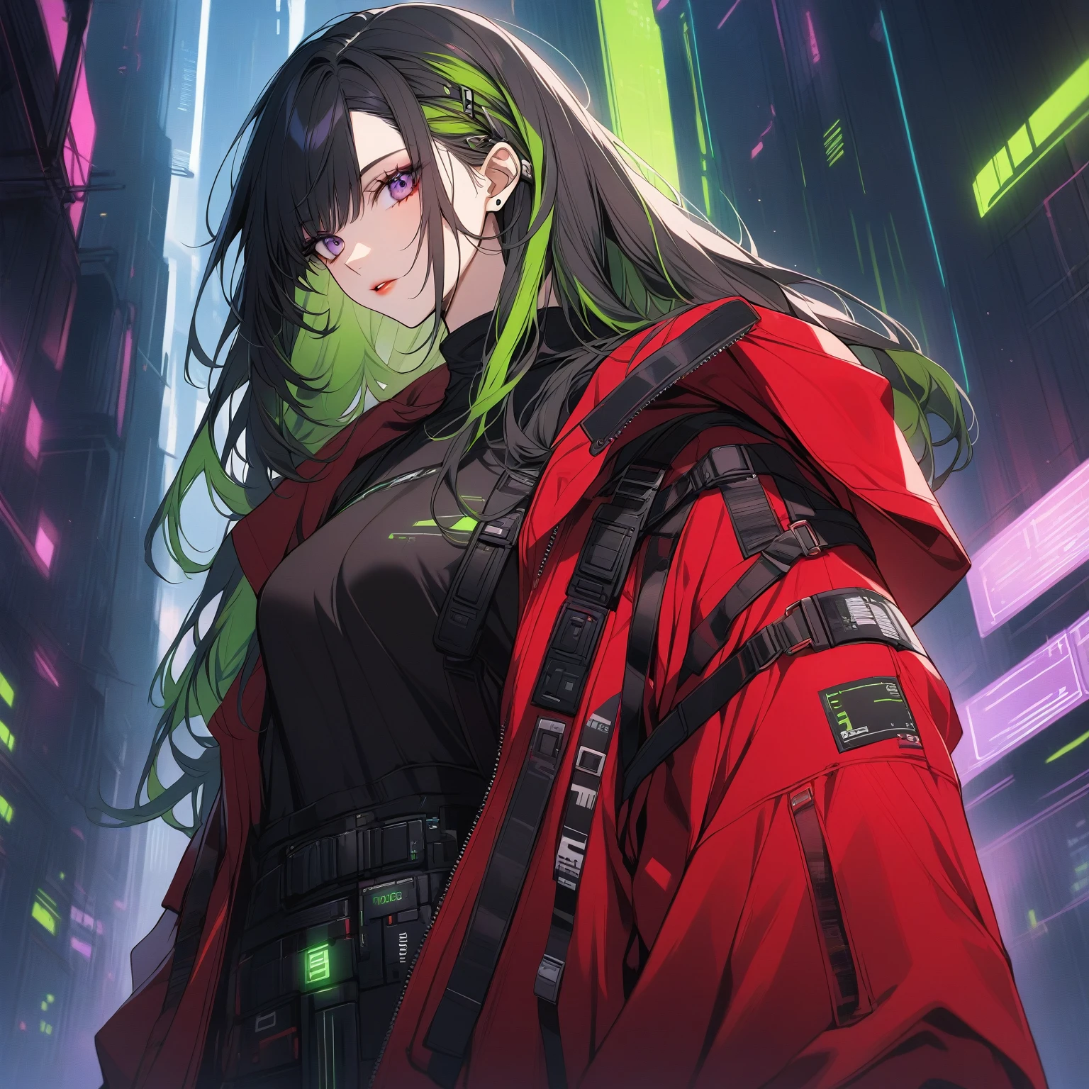Handsome, solo, 1 female, long hair, black hair, green highlights on hair tips, purple eyes, black shirt, red robe, futuristic, cyberpunk