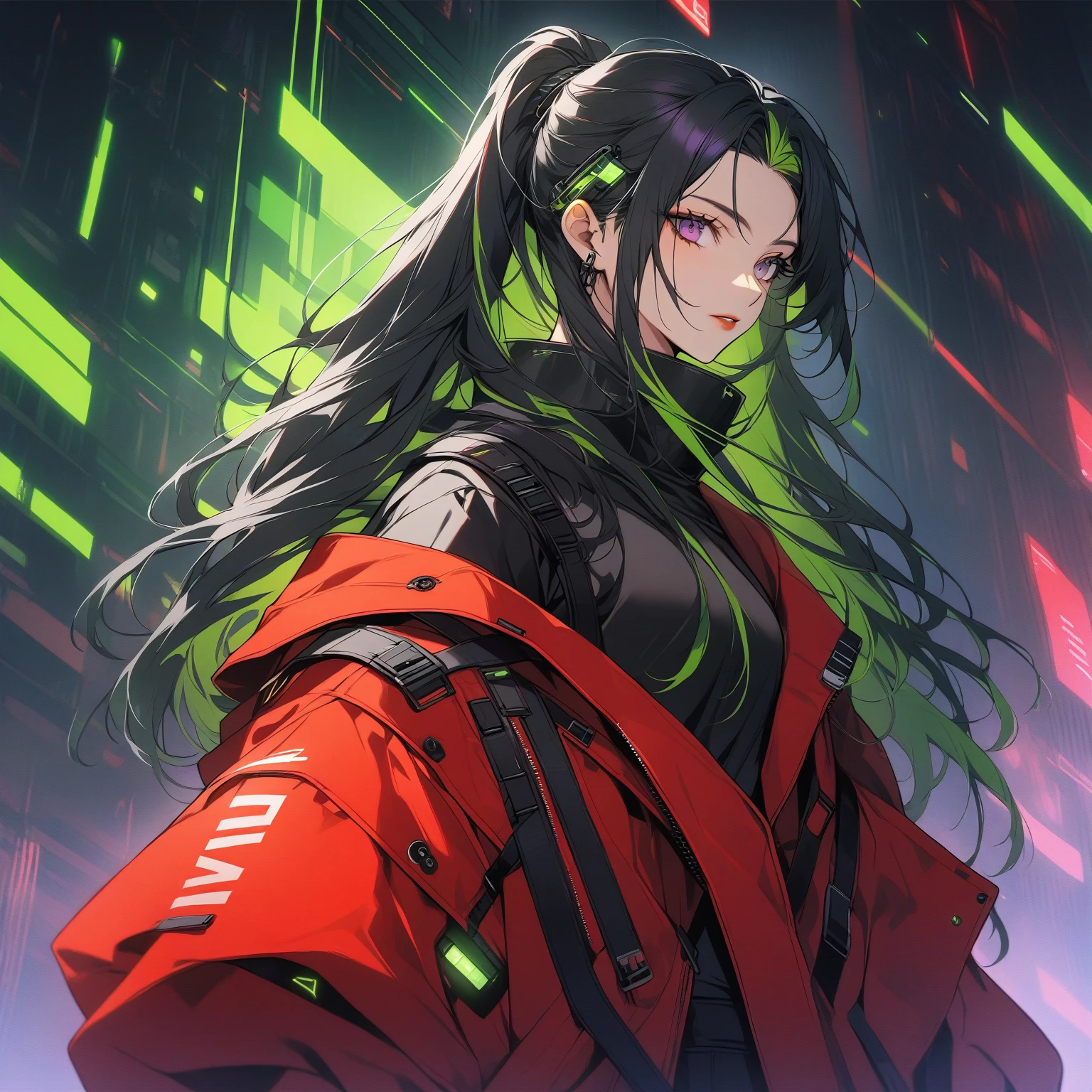 Handsome, solo, 1 female, long hair, black hair, green highlights on hair tips, purple eyes, black shirt, red robe, futuristic, cyberpunk
