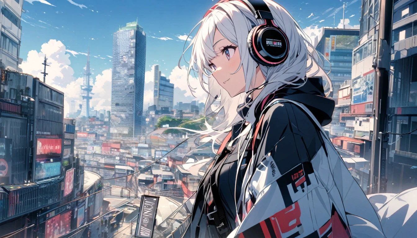 White-haired woman with headphones looking at the city of Tokyo,Streetscape、listen to music、Japanese