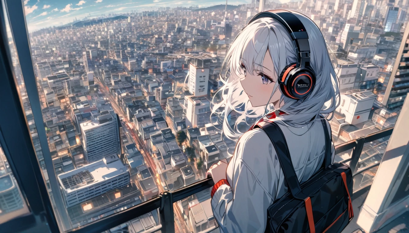 White-haired woman with headphones looking at the city of Tokyo,Streetscape、listen to music、Japanese