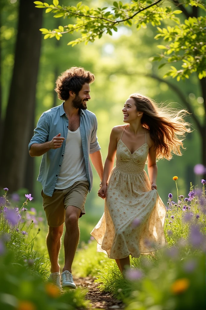 A man fun his girl friend in forest