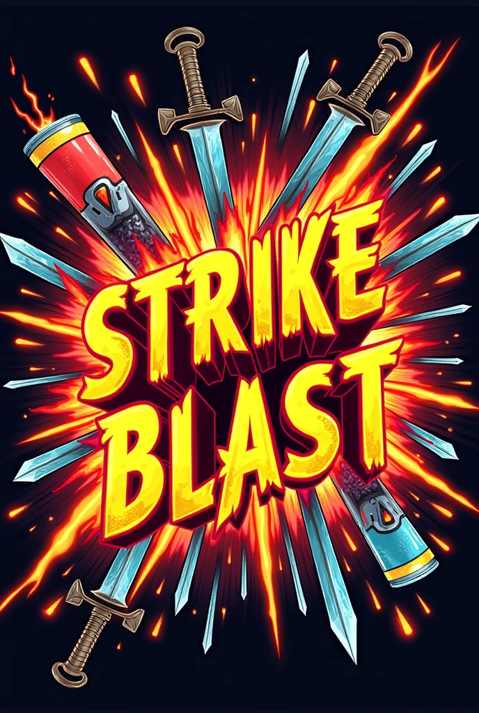 Create a rectangular sized image, that has StrikeBlast written on it with a flaming background of fire and swords and soda