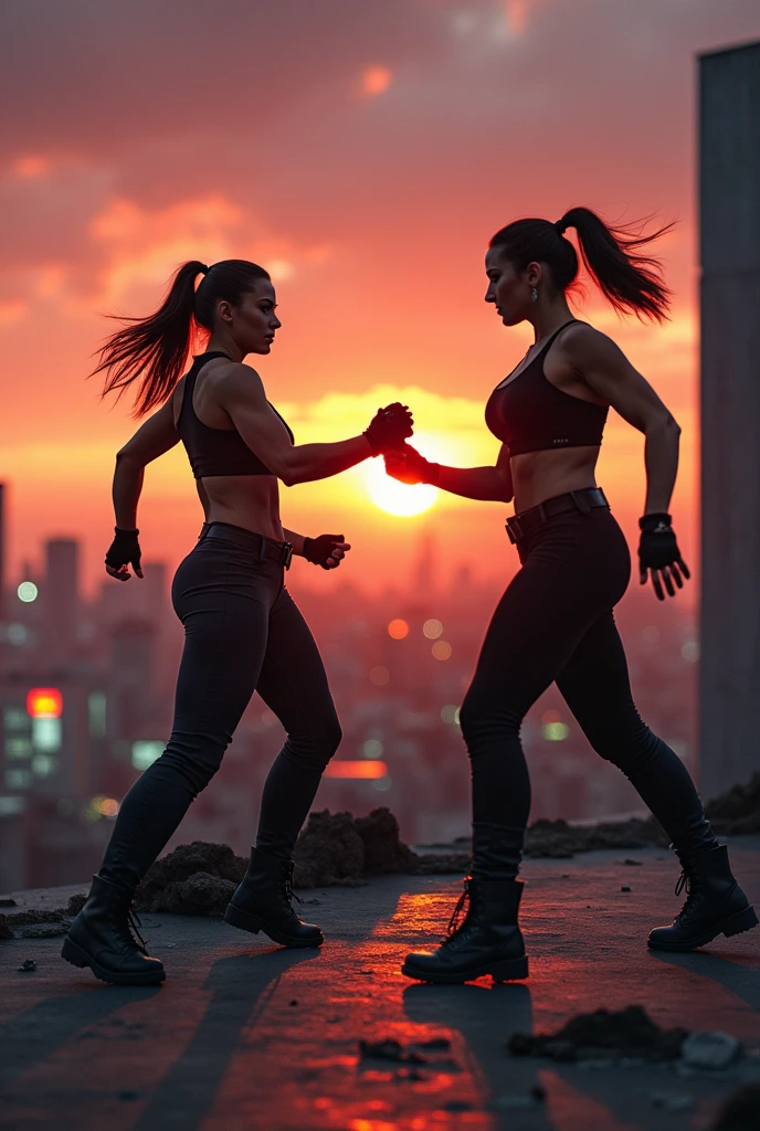 Women and fight on a roof