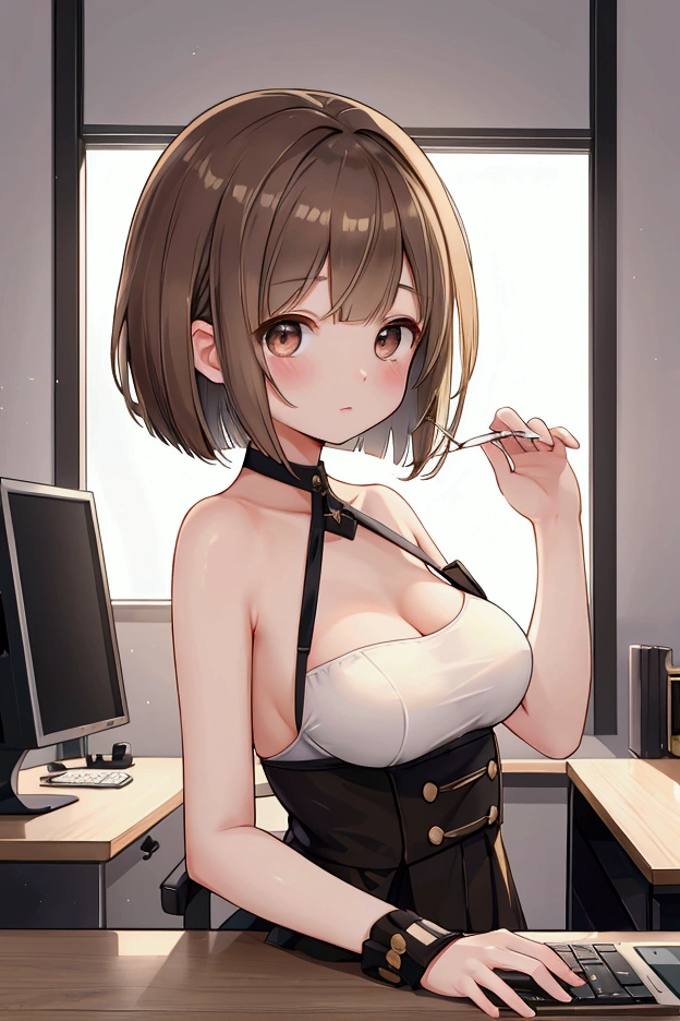 Photorealistic、Highest quality、Highest Resolution、Highest quality、16Ｋ、1 beautiful adult woman、Cute face、Delicate face、Bob cut hair、Ash brown hair color、Brown eyes、Delicate eyes、Beautiful Eyes、Beautiful breasts、Big Breasts、computer、computerで仕事をする、OL、Dynamic Angle、