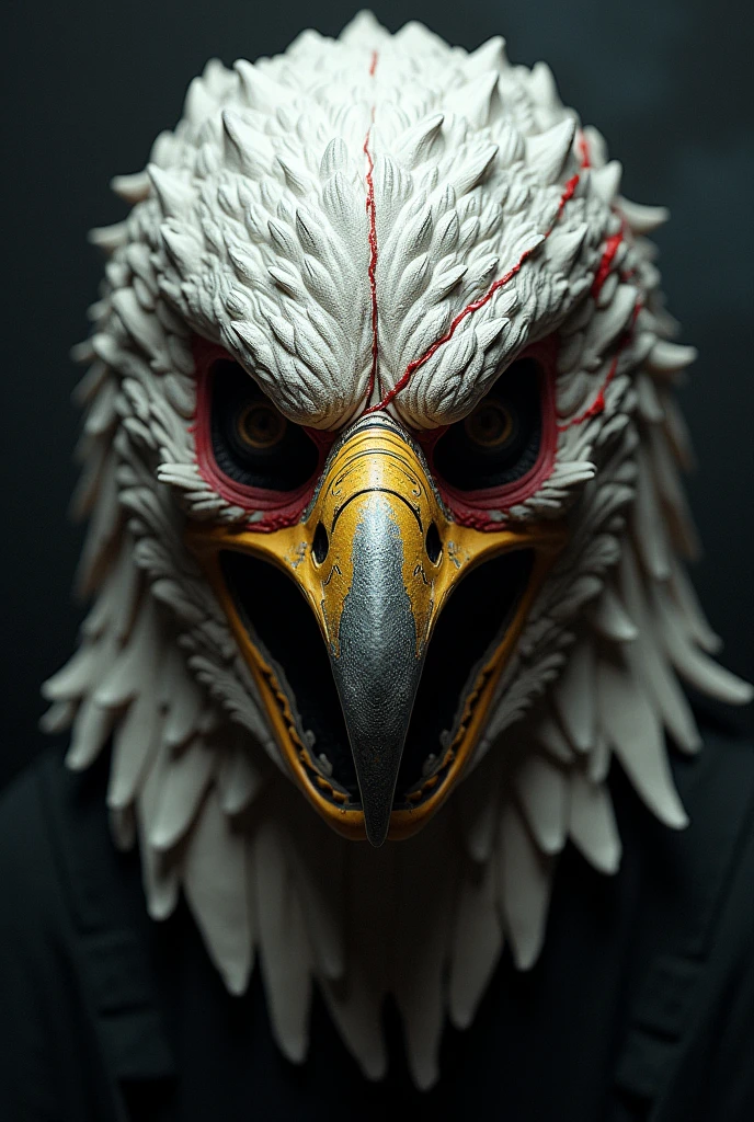 A mask with a design that mixes the human face and an eagle, bones and death, with a scar on his eye, Use the colors White, red, black and yellow.