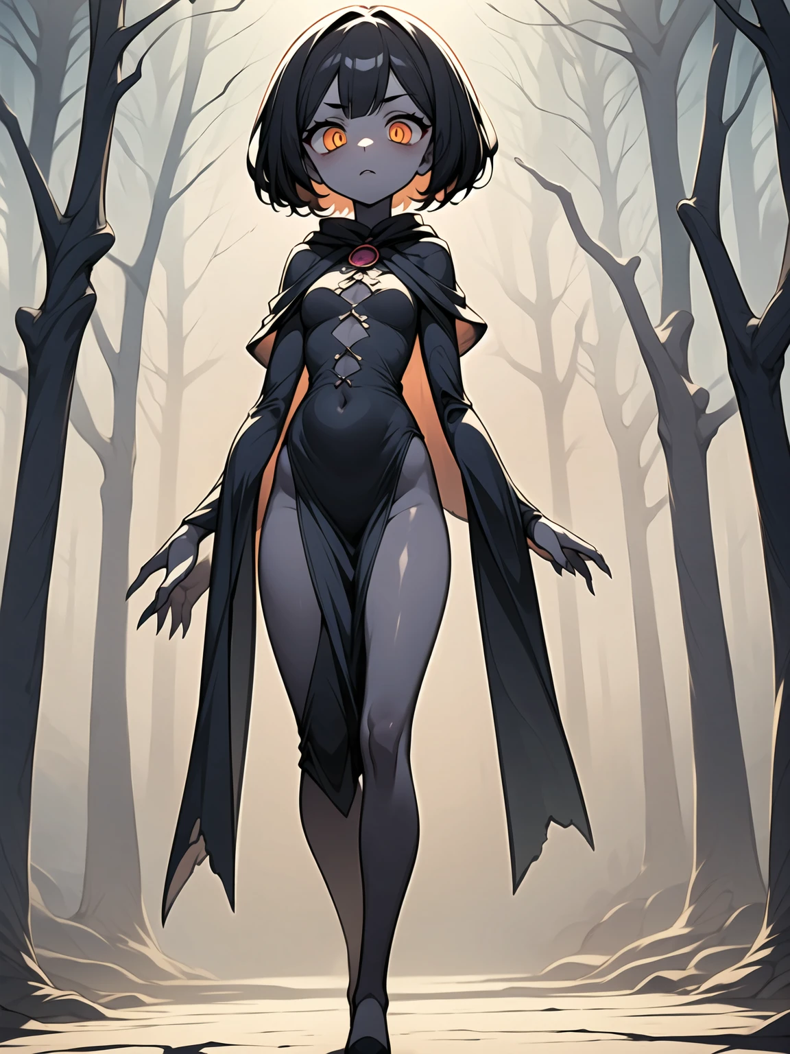 ((masterpiece, best quality, 8k))A captivating artwork of a darkly enchanting female character in a shadowy, magical setting. She wears dark and magical clothes in black and purple, perfectly matching her mysterious aura. Her short black hair and crimson eyes exude an intense beauty. She wields a dark staff, emanating a foreboding power.