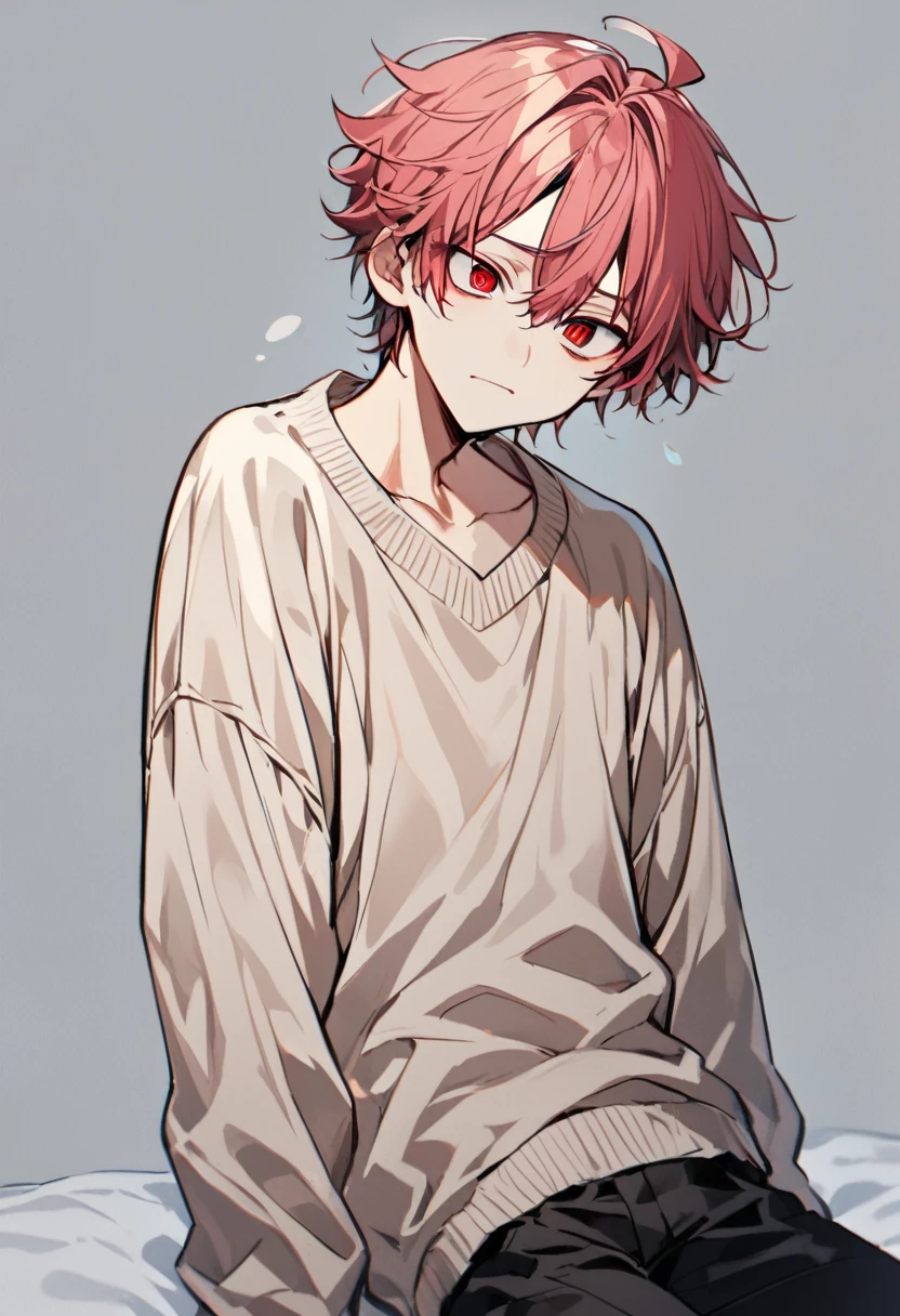 A boy, reddish pink hair, fluffy shot hair ,Her skin is somewhat pale , rectangular eyes, red eyes,Her clothes are a beige sweater, Black pants , Neutral facial expression , from head to toe,stopped, he is alone , 1 boy 