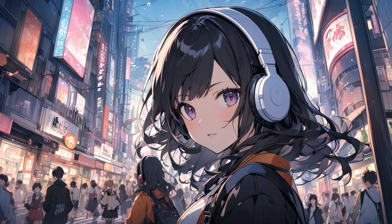 Black haired woman with headphones looking at the city of Tokyo,Streetscape、listen to music、Japanese