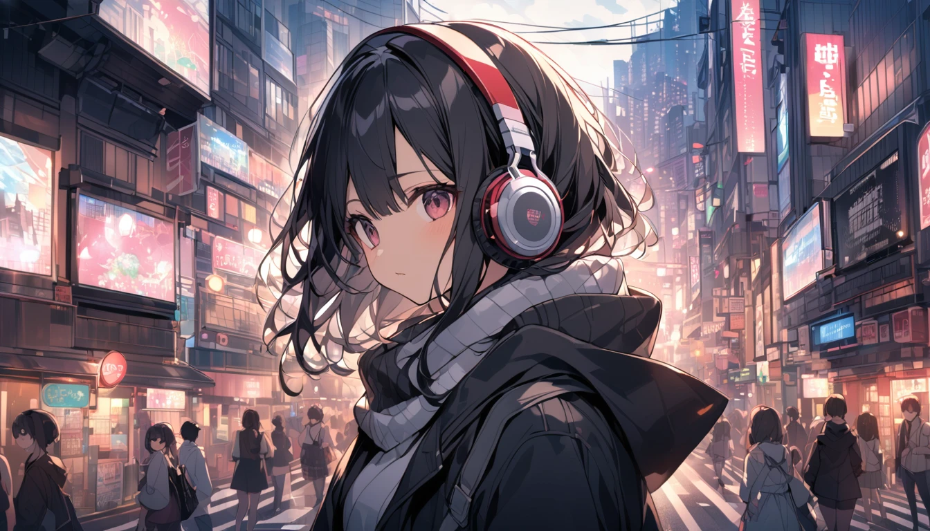 Black haired woman with headphones looking at the city of Tokyo,Streetscape、listen to music、Japanese