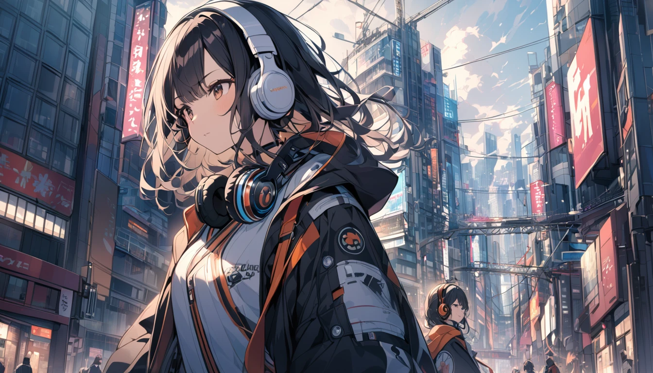 Black haired woman with headphones looking at the city of Tokyo,Streetscape、listen to music、Japanese