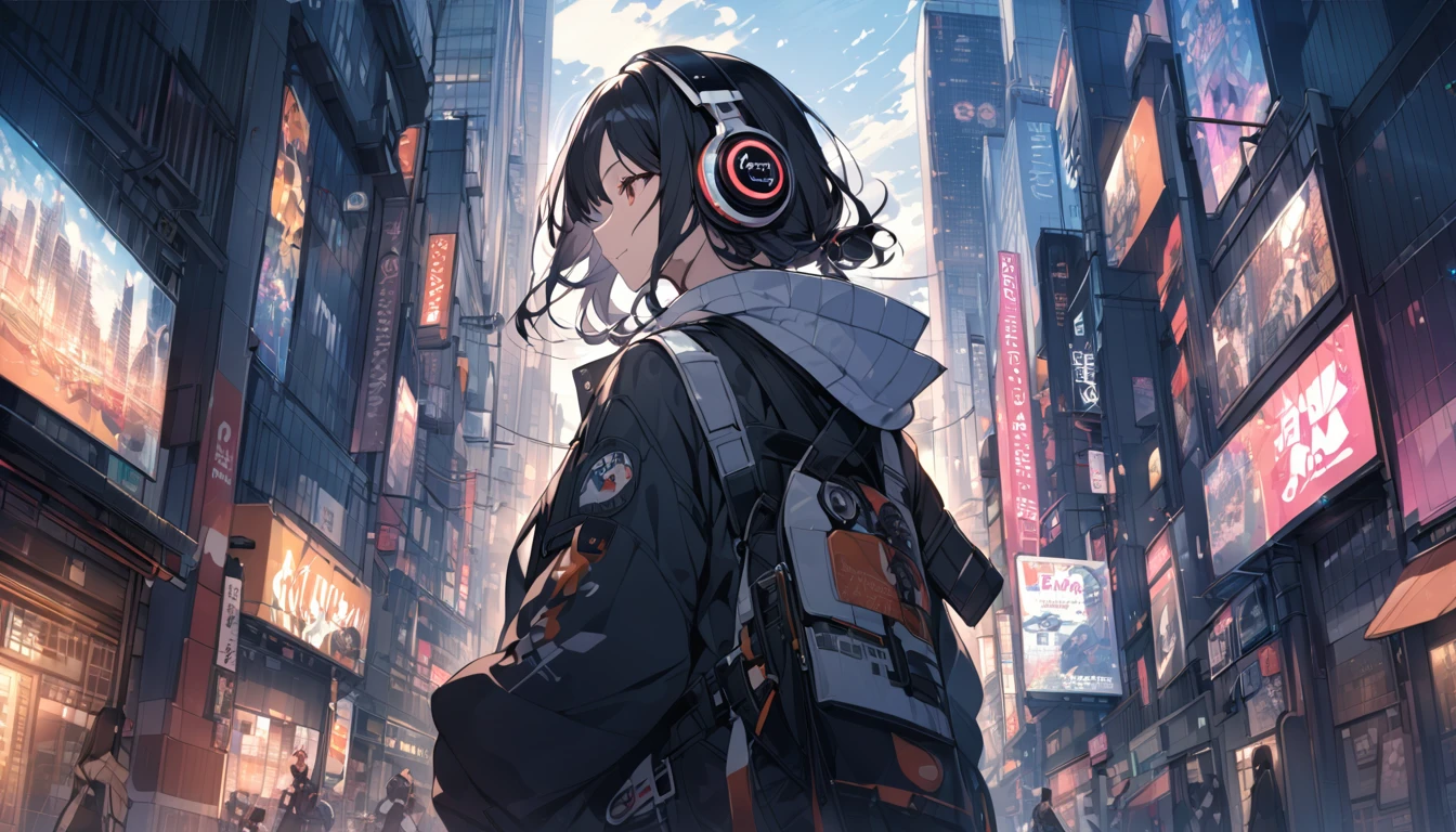 Black haired woman with headphones looking at the city of Tokyo,Streetscape、listen to music、Japanese