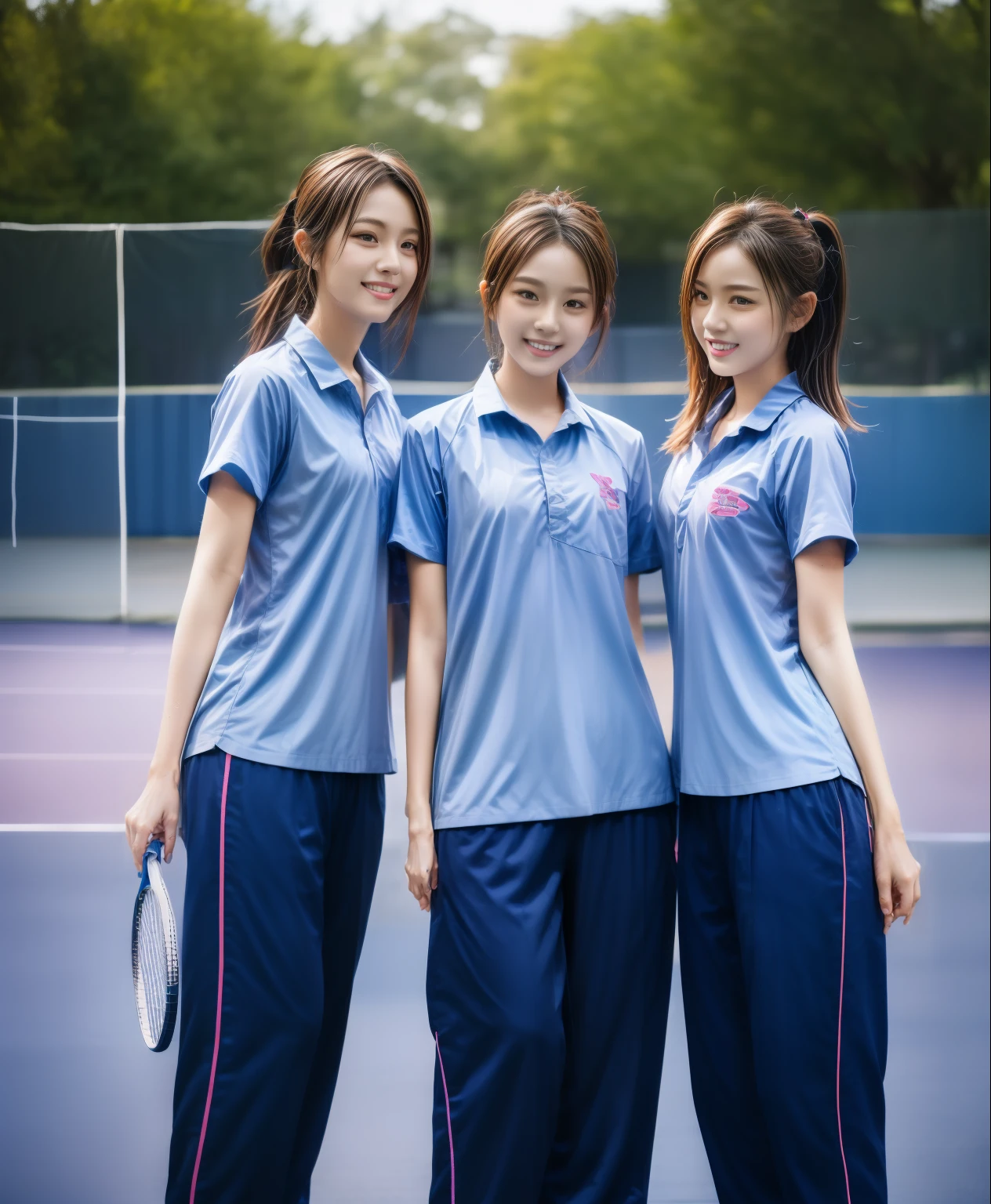 3 girls play tennis at tennis courts, Navy blue short-sleeved shirt,Navy Long Trackpant,Sweatpants, Sweatpantsขายาว,25 year old girl, lesbian, sexy, exercise clothes, wet body, exercise clothes
