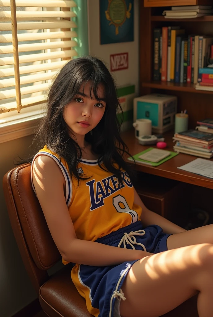 ((highest quality, 8K, masterpiece, ultra HD)) A beautiful and attractive girl in her small messy room that has a bed in the corner and a small desk next to it cluttered with notebooks and books, in front of the bed there is a television attached to the wall. She is wearing a loose Lakers basketball jersey and Nike gym shorts. The blinds are closed with only a few cracks of sunset coming in. The girl has green eyes, black hair. 