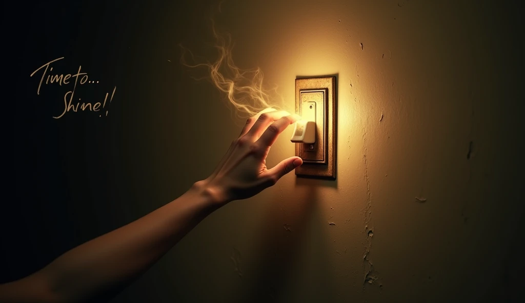 “A dark, slightly shadowy room with a close-up of a light switch on a plain wall. A hand is in the process of flipping the switch upward. The moment captured should show the light just starting to illuminate the room, with a soft glow spreading outward. The text ‘Time to…’ should be faintly visible in the top left corner, and ‘Shine!’ should be in bold, bright letters, starting to appear as the light brightens. The atmosphere should convey a sense of anticipation and the start of something powerful.”