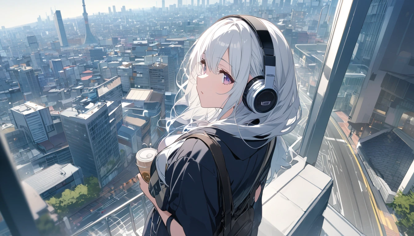 White-haired woman with headphones looking at the city of Tokyo,Streetscape、listen to music、Japanese