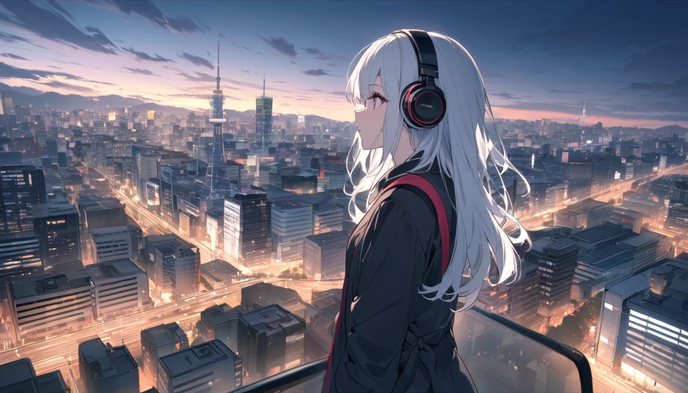 White-haired woman with headphones looking at the city of Tokyo,Streetscape、listen to music、Japanese