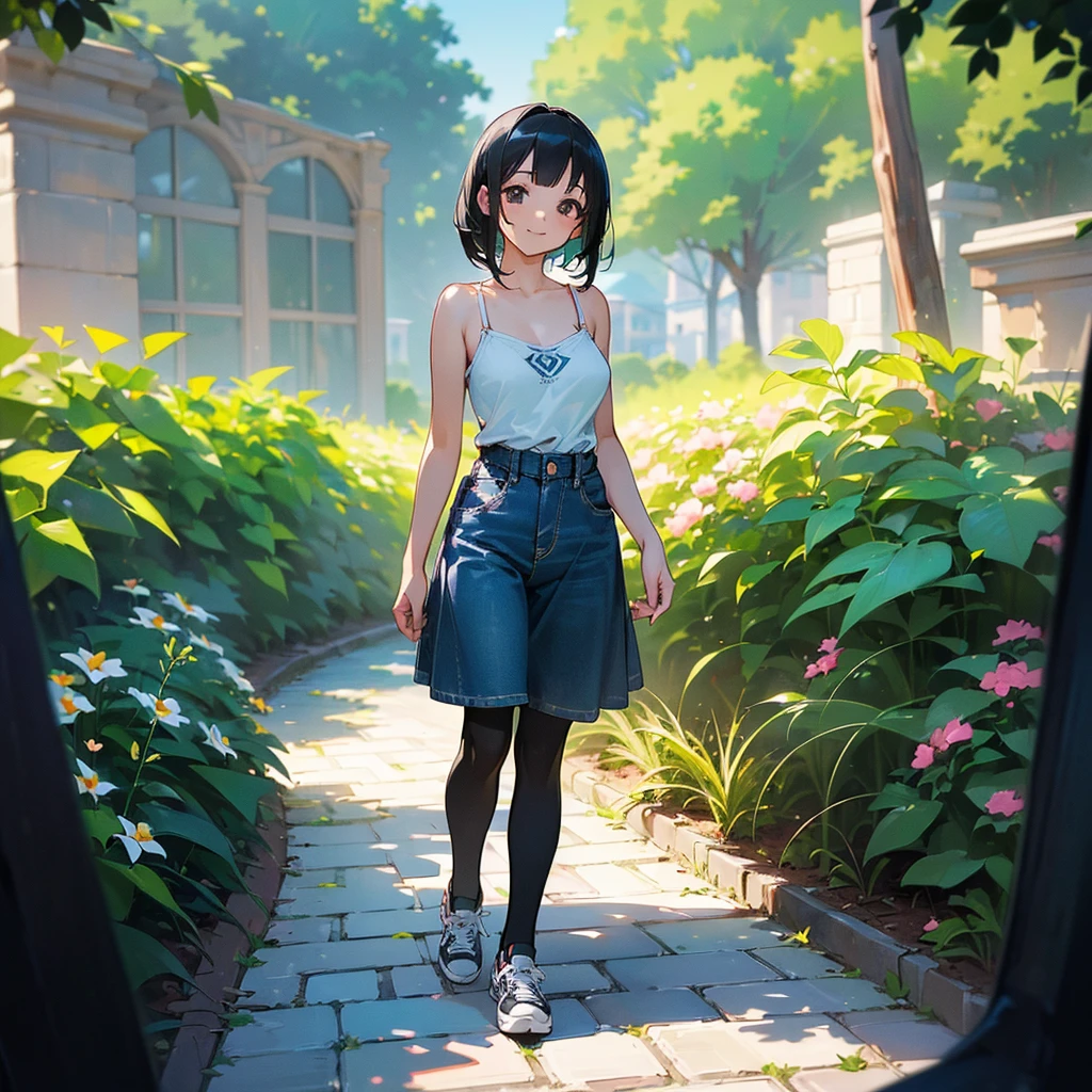 (high quality, High resolution, Very detailed, reality:1.37), Peaceful atmosphere, (Outdoor, garden), Teenage girl standing alone, (my breasts are big.), Beautiful details, Cute Smile, (Black bob hair), camisole, Denim skirt, Black tights, sneakers.