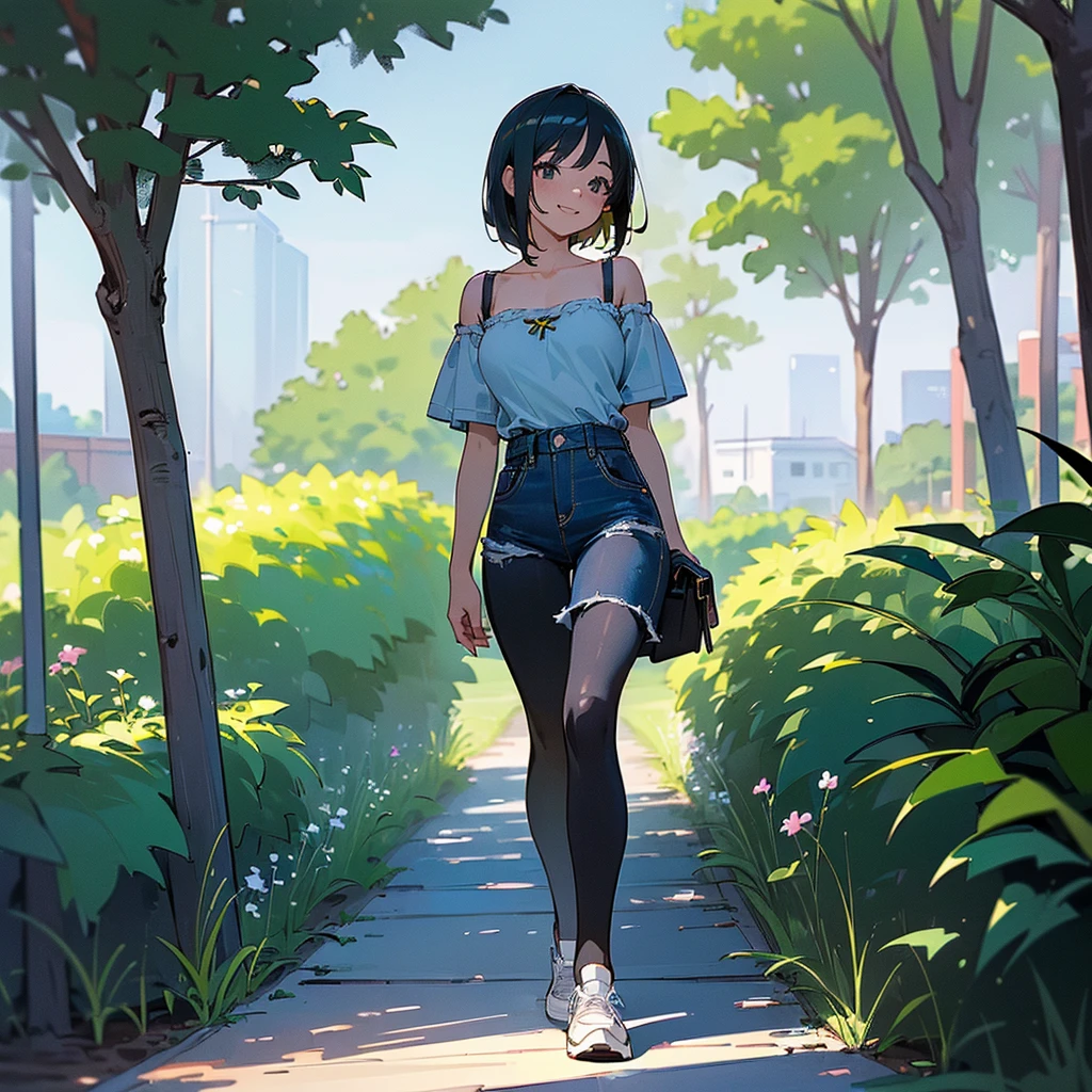 (high quality, High resolution, Very detailed, reality:1.37), Peaceful atmosphere, (Outdoor, garden), Teenage girl standing alone, (my breasts are big.), Beautiful details, Cute Smile, (Black bob hair), camisole, Denim skirt, Black tights, sneakers.