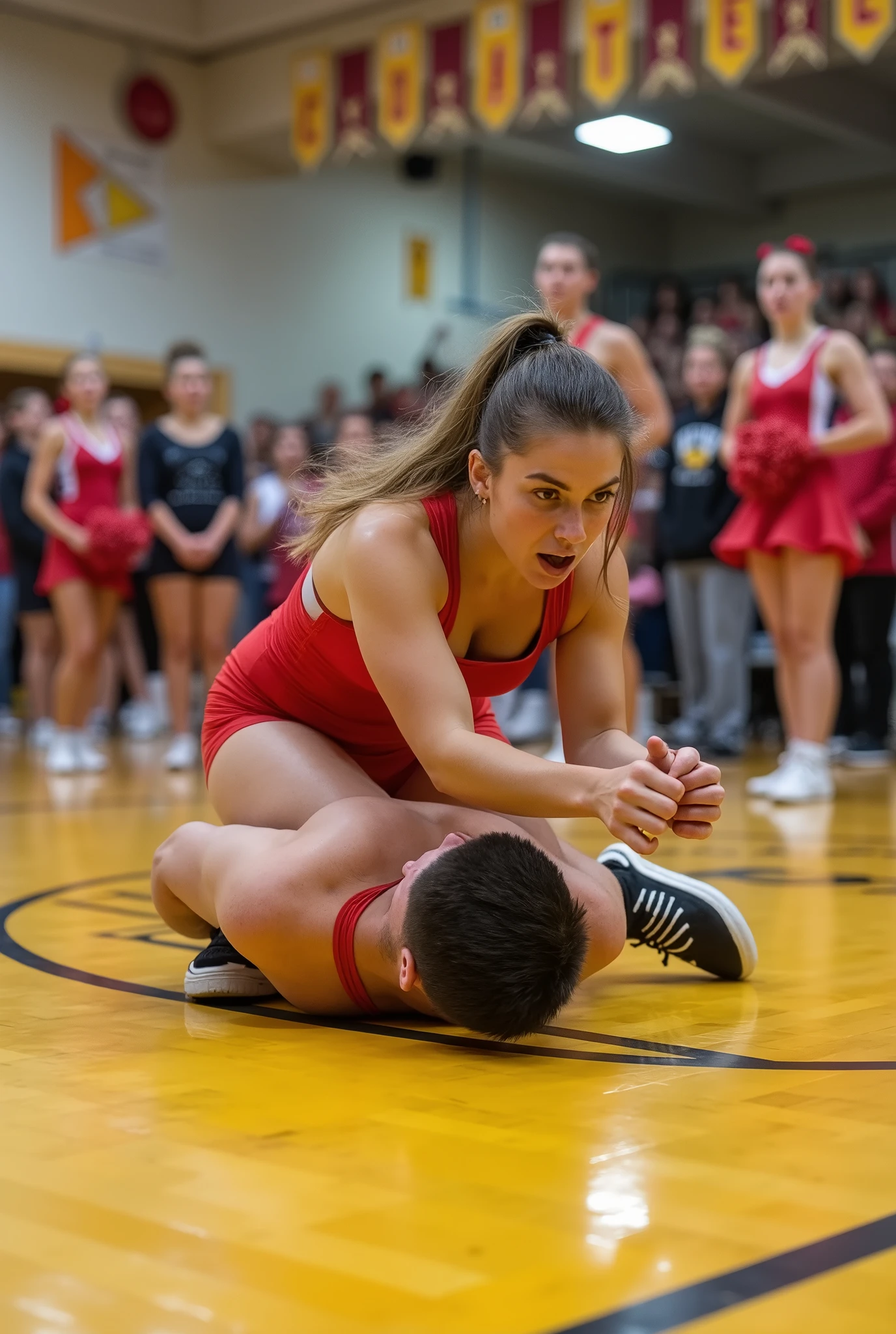 A hot female wrestler in a singlet pinning a male wrestler by his hands in a high school gym in front of shocked and amused cheerleaders