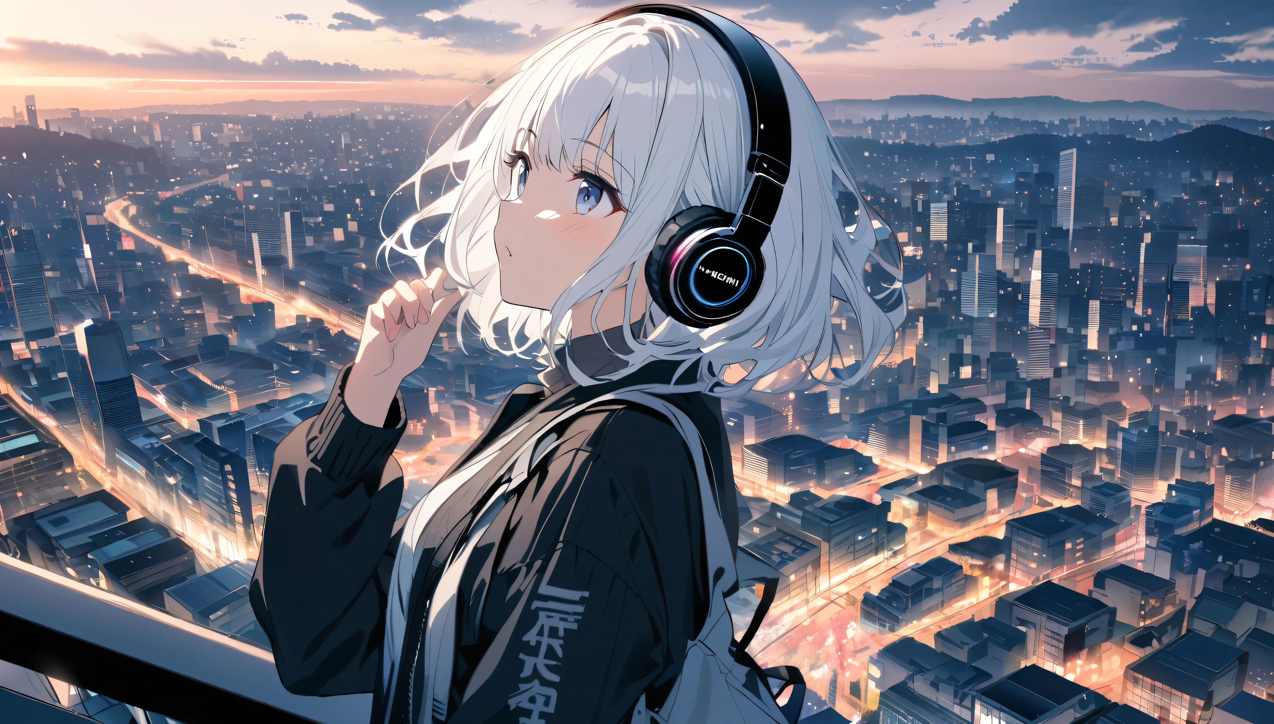 White-haired woman with headphones looking at the city of Tokyo,Streetscape、listen to music、Japanese