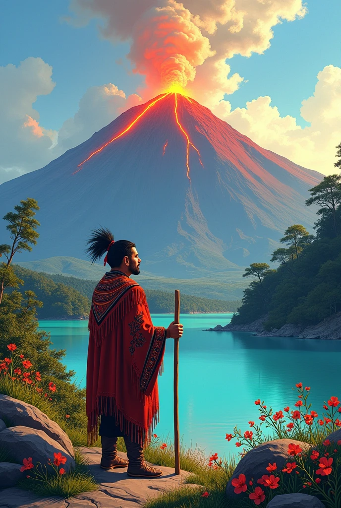 Make a volcano with a lagoon below and a Mapuche man in drawing format