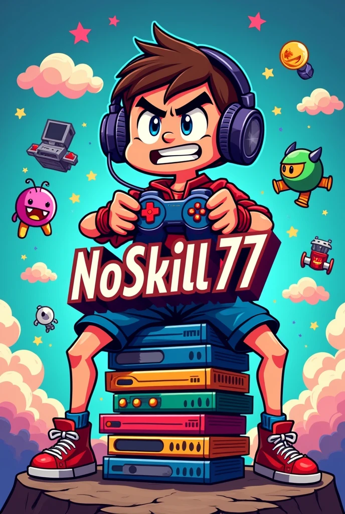 a cartoon image with the word NoSkill77 with a theme in video games