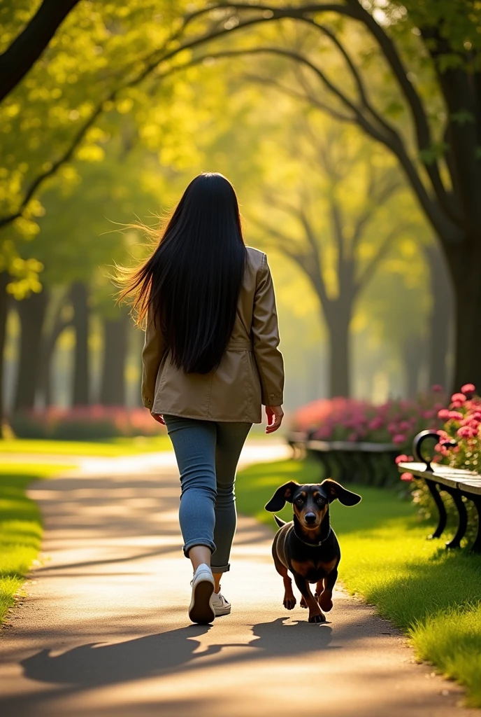 Woman with black hair, walking a dark brown dachshund dog