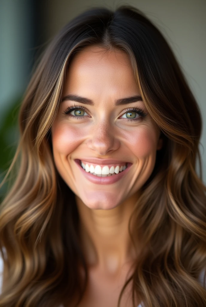 Create a close-up headshot portrait of a woman in her 30s. Use soft, natural lighting to create a warm atmosphere. The subject should have long, brown hair with subtle highlights, green eyes, and a genuine, wide smile. Capture her looking directly at the camera with a friendly, approachable expression. Blur the background slightly to focus attention on the face. The overall tone should be professional yet warm and inviting