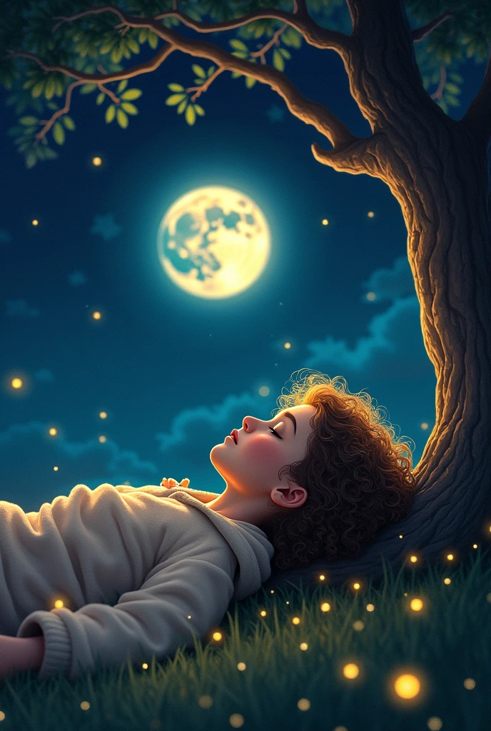 Please generate a curly hair girl with a hoody and a wireless headphone sleeping under a tree and staring up a wonderful midnight moon light