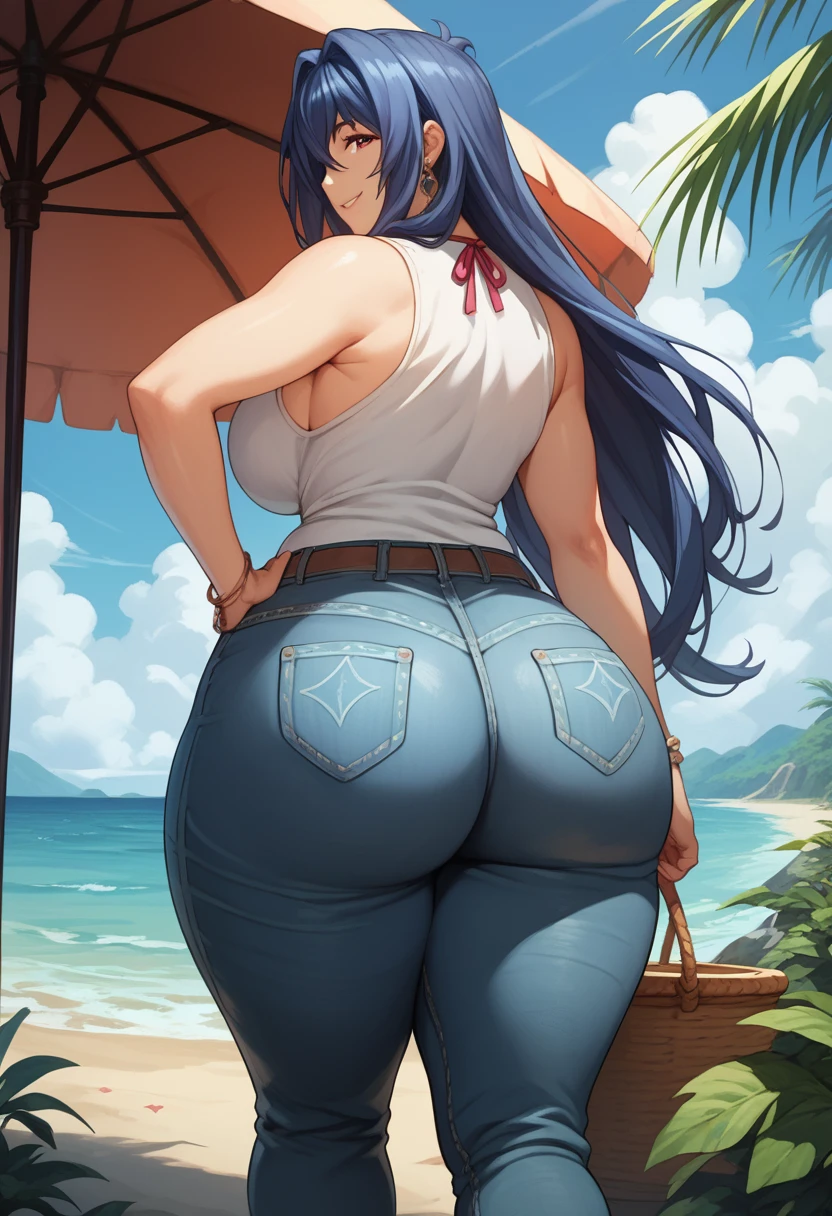 Score9, Score_8_up, Score_7_up,((beach in front of the sea shore)) mature woman,mature woman,aki nijou,long hair,1 girl, alone, (giant ass: 1.3), (thick thighs: 1.2), huge thighs, (wide hips: 1.2), cleft in the skin, smile, happy, (sleeveless top, pants short: 1,2), thighs and blunt, plump
