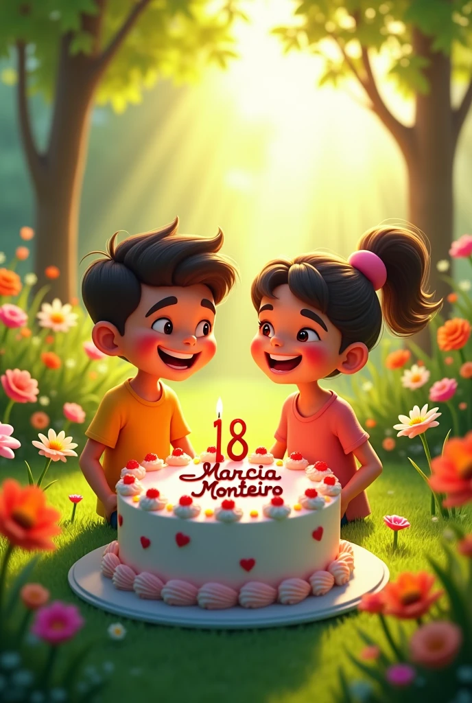 An abstract animation of a boy and a girl celebrating their birthday with a cake in the middle of the garden, and on top of the cake " Marcia Monteiro 18 ".