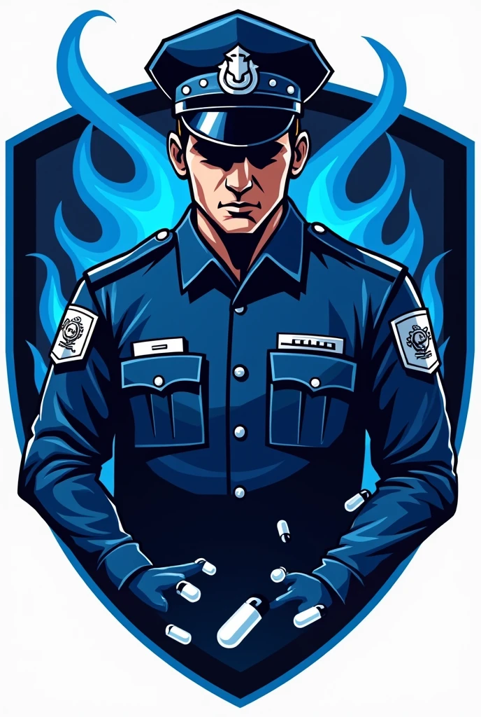 I need a logo for a school games team with the predominant colors dark blue, black and a little light blue, but mainly dark blue, the name of the team is "Azulzinhos" and I want this to be printed, I also want the year 2024 in the logo and in the middle of all this, a policeman in a blue uniform and somewhere on the shield medicine capsules and some waves, preferably that the shield is intimidating in the eyes of opponents