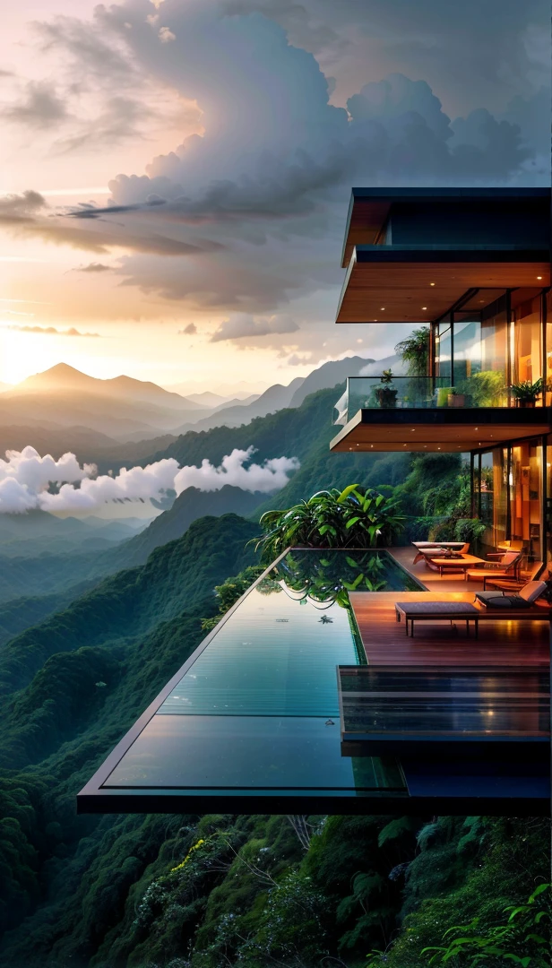 Living room with a view of a mountain and a forest, mountainous jungle setting, jungle setting, Like a scene from Blade Runner, magical ambiance, pintura escura ultrarrealista, in a jungle environment, pleasant environment, cloud forest, beautiful jungle, moody environment, lush jungle, Inside an alien jungle, plants and jungle, rainforest mountains, relaxing environment