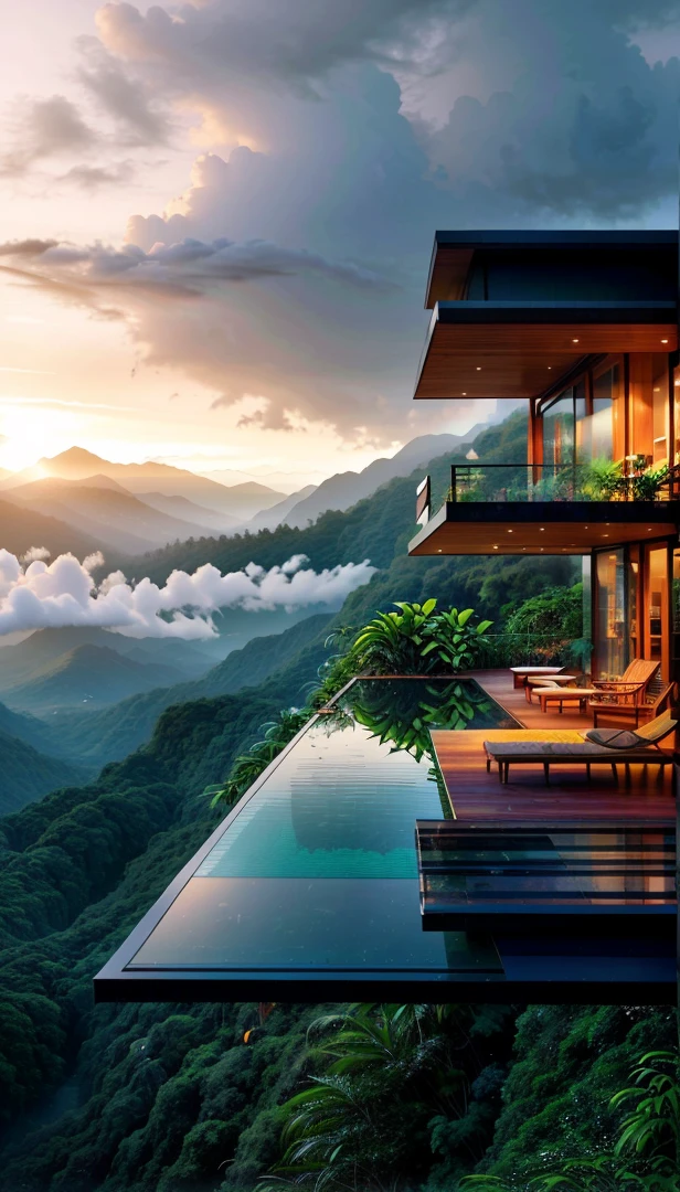 Living room with a view of a mountain and a forest, mountainous jungle setting, jungle setting, Like a scene from Blade Runner, magical ambiance, pintura escura ultrarrealista, in a jungle environment, pleasant environment, cloud forest, beautiful jungle, moody environment, lush jungle, Inside an alien jungle, plants and jungle, rainforest mountains, relaxing environment