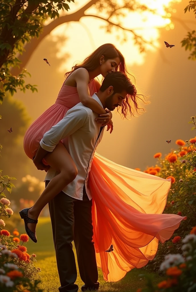 Create a elegant picture of actress Ileana D'Cruz piggyback lifting and carrying a man on her shoulders in piggyback style , man is sitting on woman's back
