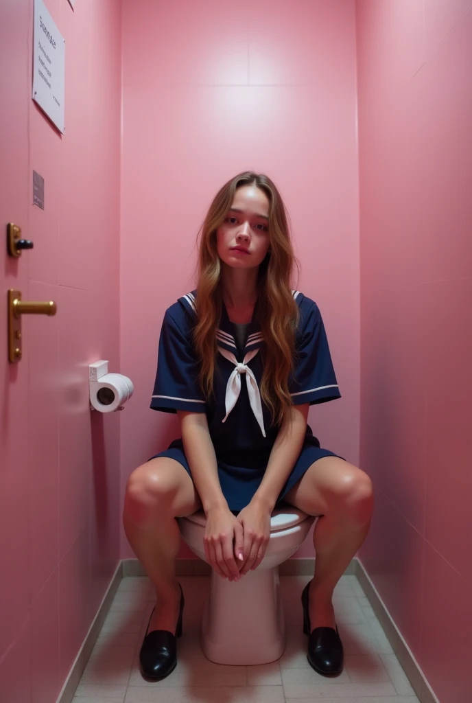 A  wearing a navy blue sailor uniform has a baby face and a neat ap Her hair is long and untrimmed. The color of the ribbon on her sailor uniform is white. She has taken off her black tights down to her knees and is squatting in the toilet. She is in a private room in the girls&#39; toilet. The girls&#39; toilet has pale pink walls.