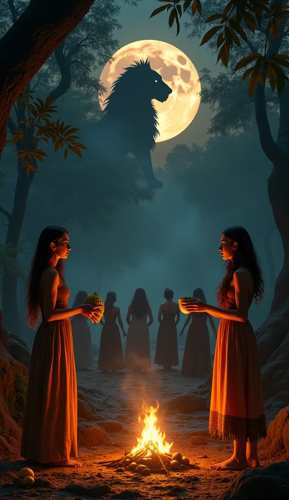 a fair-skinned woman with long straight light brown hair and another fair-skinned woman with shoulder-length wavy light brown hair, both Aztec and Mayan healers with equal importance in the ritual, in a forest around a campfire doing a cocoa ritual, one holding the cocoa fruit and the other a bowl over the fire, in the background women dancing and the cocoa fruit on the ground, convey depth. Above a black full moon with a lion inside it