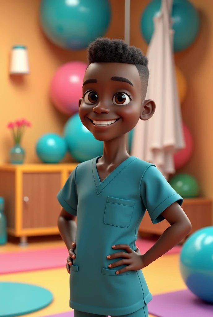 pixar 3d image of a beautiful young adult men with black skin color with his short hair buzz cut , who is a physiotherapist and the background full of physiotherapy stuff.