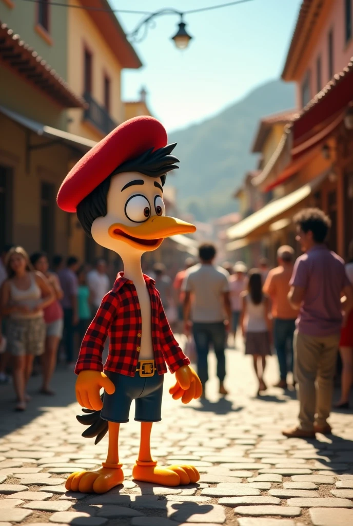 scenery: Condorito is approached by a group of people from Santa Cruz in the plaza.
Description: The people of Santa Cruz look at him with distrust, while Condorito smiles nervously.

Character Dialogue 1:
"Who are you, cumpa? What are you doing here??"

Condorito&#39;s dialogue:
"eh... I&#39;m just a humble tourist, I&#39;m not looking for trouble!"