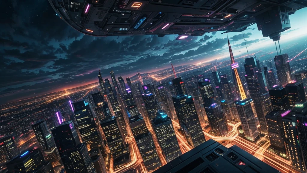 An ultra-high picture quality、top-quality、City of the Future、cyberpunked、vibrant light、Skyscrapers、In the clouds、View of the universe、SF World、