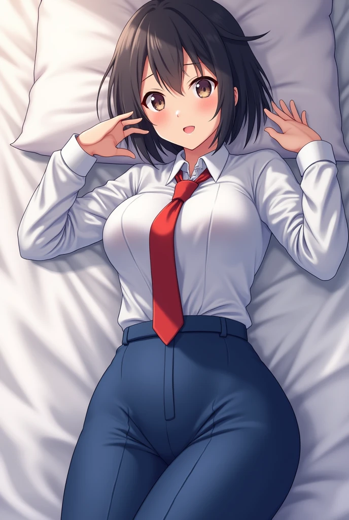 Anime Japanese woman White skin-tight shirt Blue skin-tight slacks that reveal the shape of her private parts Red tie Nipples and private parts visible On a bed Big breasts Big butt Uniform
