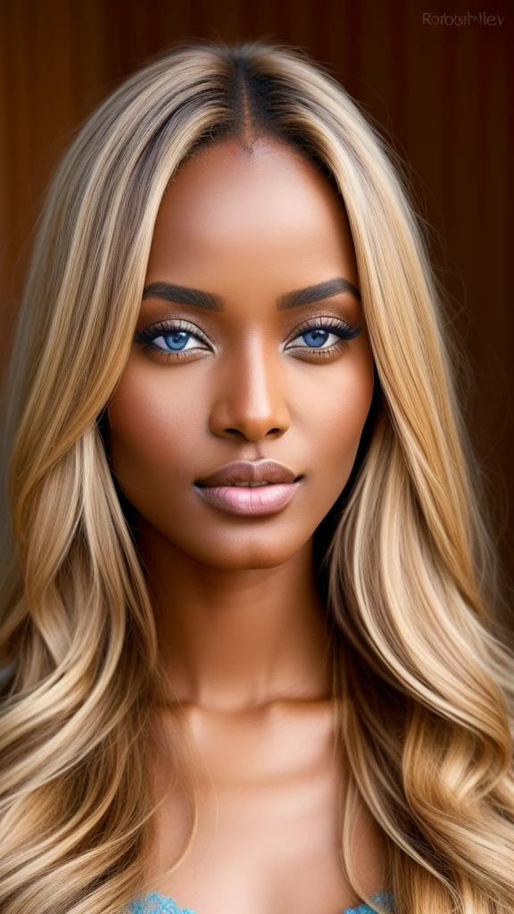 Realistic Stunningly beautiful ethiopian supermodel with long blond hair, beautiful blue eyes and a perfect body from head to toe, she is amazingly beautiful, she radiates pure beauty, her blue eyes are hypnotic, envolta com rosas amarelas.
 Photorealistic, superior detail, beautiful curves, beautiful blonde hair, elegant style hyper realistic