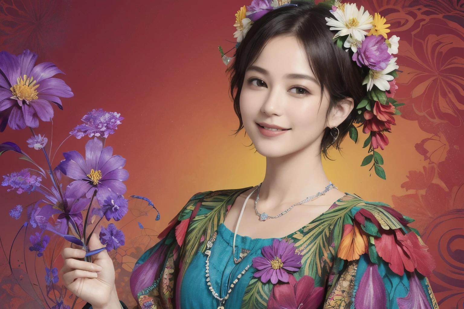 272 (20-year-old woman,short hair), (masterpiece, Highest quality, beautiful:1.2), Very detailed, (Fractal Art:1.1), (colorful:1.1), (flower:1.3), whole body, (Abstract background:1.3), (Many colors:1.4), (Old-fashioned smile), (Hawaii)