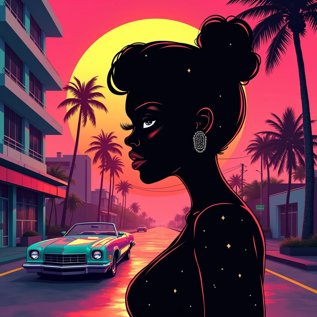 Black shadow of cartoon style woman lips, in Vice City GTA,